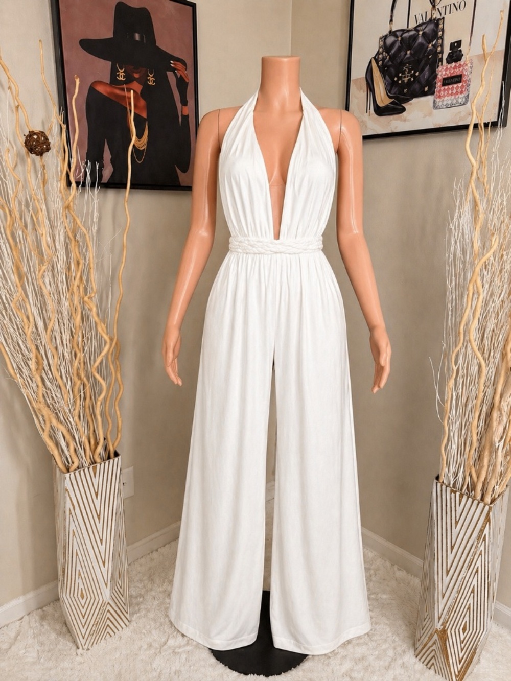Women’s White Halter Wide Leg Jumpsuit Deep V Backless Resort Vacation Outfit